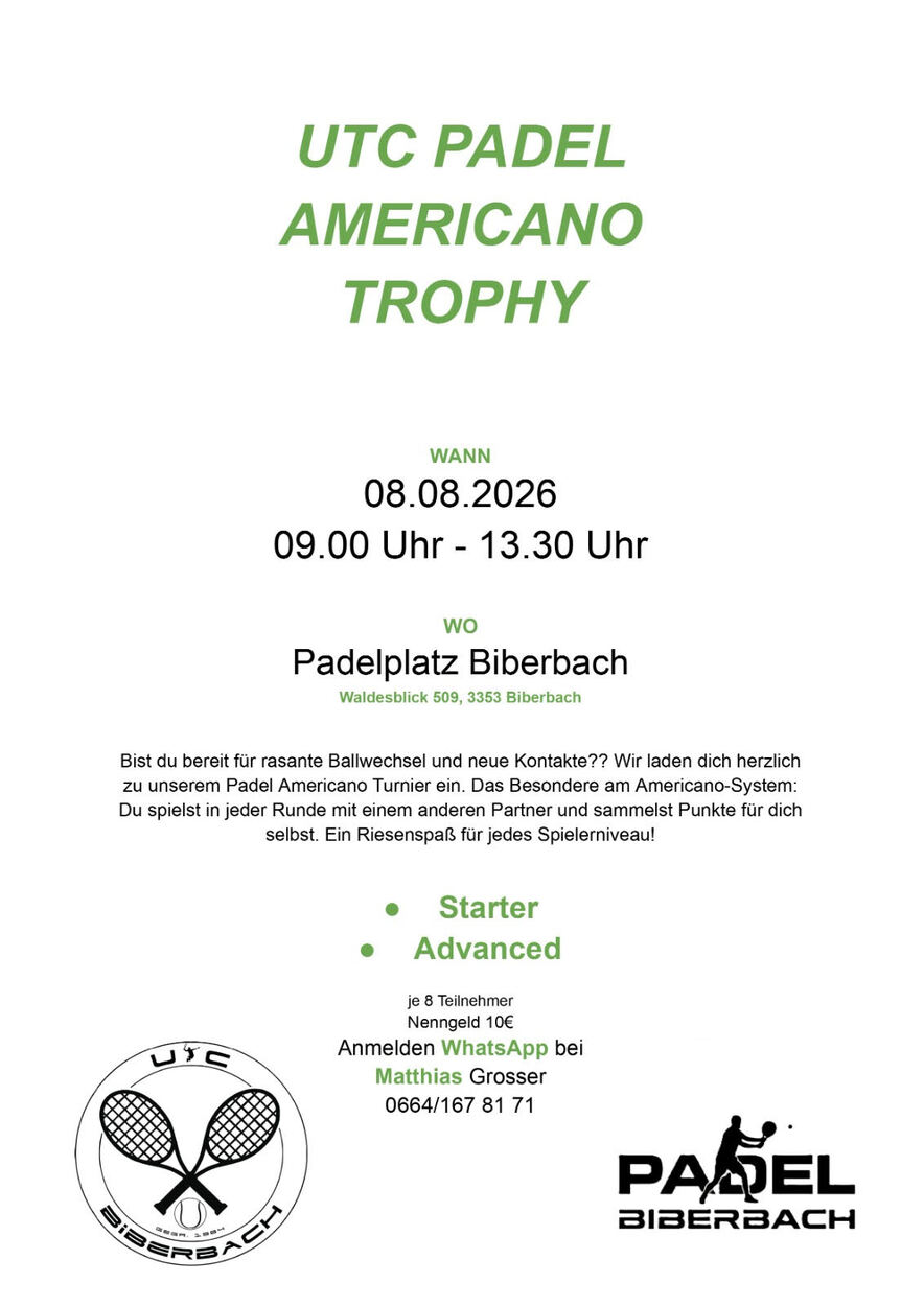 UTC Padel Americano Trophy: Aufschlag für ein rasantes Turnier-Highlight in Biberbach